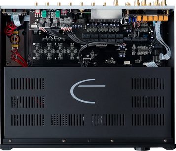 Emotiva XSP-1 Gen 2 stereoforforstærker, set ovenfra, forfra med knapper og bagpå med stik