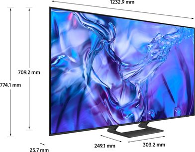 TU55DU8575 2024 højdefinitions-TV, trekvartersperspektiv, 1232,9 mm skærm, højde 774,1 mm, dybde 25,7 mm