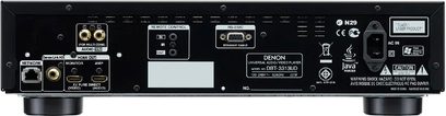 Čierny 4K Blu-ray prehrávač Denon DBT-3313UD, pohľad spredu, konektory na zadnej strane, LED displej na prednej strane