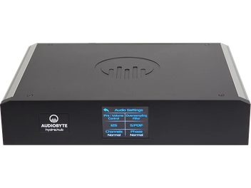 Lecteur audio réseau Audiobyte Hydra Digital HUB noir, vue de face, avec logo, boutons et voyants sur le dessus