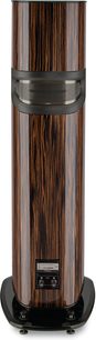 Standlautsprecher Focal Sopra N°2 Macassar, Rückansicht, gestreifte Holzoberfläche, Metallgitter, schwarze Basis, sichtbare Anschlüsse
