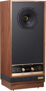 Diffusore da pavimento Fyne Audio Classic VIII noce, frontale nero, legno noce, altoparlante con ogiva dorata, manopole dorate, vista 3/4