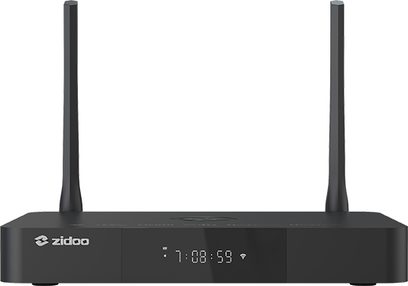 Zidoo Z9X PRO medieafspiller, sort, rektangulær, kompakt, hvidt LED-display, ventilationsriste på siderne, set forfra