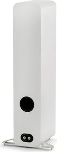 Q Acoustics 5050 white floorstanding speaker with smooth MDF cabinet, three-quarter rear view, centered black circular port, dual lower binding posts, and metal spike base