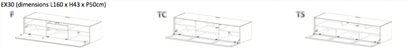 TV-møbel Sonorous Elements EX30 hvid, 3 skematiske frontvisninger med dimensioner B160 x H43 x D50 cm