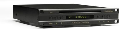 Přehrávač CD Parasound Z CD černý, pohled zepředu, modrý displej, matná černá přední strana, stříbrné tlačítka a konektory