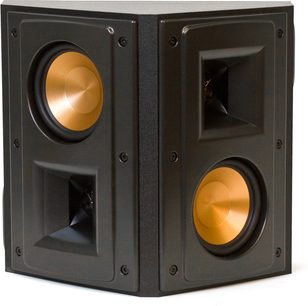 Klipsch RS-42 MkII sort højttaler, tæt forfra. To runde, gyldne højttalere i et rektangulært sort kabinet