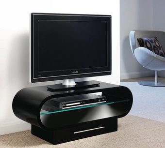 Skinnende sort TV-møbel, fladskærm, integreret DVD-afspiller, glashylde, moderne ovalt design