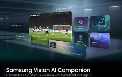 Samsung TQ65S92H televizor s vysokým rozlišením se zápasem ve fotbale na obrazovce a plovoucím rozhraním Vision AI