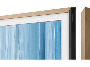 Frame for Samsung The Frame 65-inch TV, teak finish, angled view with thin light wood-look edge