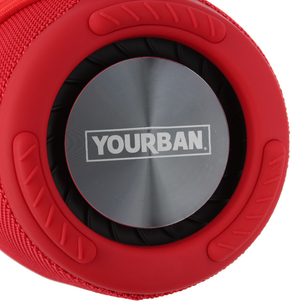 Bluetooth zvočnik Yourban Getone 45 rdeč, pogled od spredaj, srebrna krožna površina z logotipom, rdeč teksturiran rob