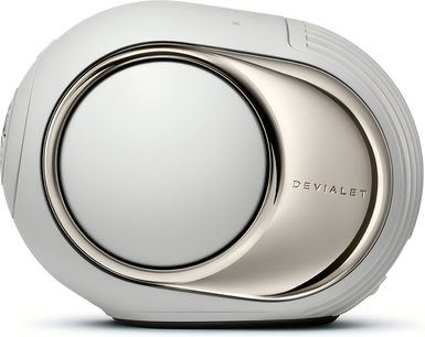 Συνδεδεμένο ηχείο DEVIALET Phantom Ultimate 98 dB λευκό οβάλ, πλαστικό, πλευρά με γυαλιστερό μέταλλο και λογότυπο, πλευρική όψη