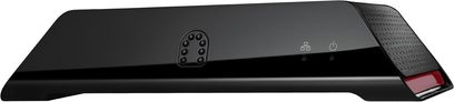 Slingbox SOLO, rektangulær sort multimedieboks med skrå front, knapper og indikatorer på forsiden, tilslutningsmuligheder på bagsiden