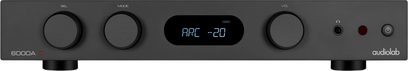 Amplificatore hi-fi stereo Audiolab 6000A MKII nero, pannello frontale con display centrale blu e tre grandi manopole