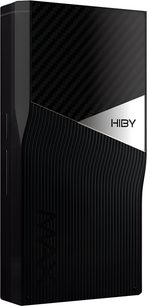 Audiophil Hiby R6 Pro Max musikafspiller i sort, tekstureret bagside med bølgede striber samt sølvfarvet indsats og HIBY-logo