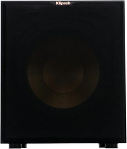Subwoofer Klipsch R-12SW nero, vista frontale con pannello frontale nero e altoparlante circolare scuro