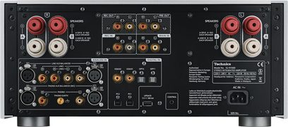 Technics SU-R1000E-K svart hi-fi stereoanlegg, frontvisning, nærbildevisning av kontakter og kontroller