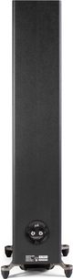 Polk Audio R600 sort søjlehøjttaler, set forfra, sort gitter, diskant og basenheder synlige, gummifødder