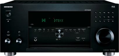 Onkyo TX-RZ1100 sort hjemmebiografsforstærker, set forfra, grøn "DTS:X"-skærm, sølvfarvede knapper og drejeknapper, 2 hovedtelefonstik
