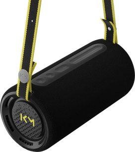 Altoparlante bluetooth portatile Loewe We. HEAR Pro nero, forma cilindrica con tracolla da trasporto gialla e nera