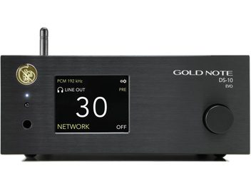 Gold Note DS-10 EVO sort netværksaudioafspiller med skærm, der viser "30", drejeknap, antenne og flere porte på forsiden