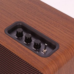 Cassa wireless Enova HIFI VELA V, vista dall'alto, 3 pulsanti neri, 1 interruttore, custodia in legno, griglia frontale