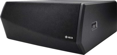 Subwoofer Denon DSW-1H černý, pohled zepředu v perspektivě, podlouhlý obdélníkový tvar orientovaný horizontálně
