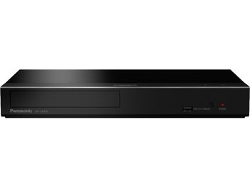 Panasonic DP-UB450 4K Blu-ray-Player schwarz, Frontansicht, rechteckiges Format, glänzende Frontblende, rote Betriebstaste