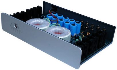 Atoll Electronique AV500 silver power amplifier, front view, open cover revealing internal components and colorful wiring