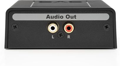 Acessório para cabo SVS SoundPath Speaker Level, vista frontal, duas portas RCA marcadas com L e R, texto "Audio Out" acima.