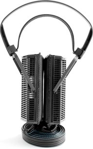 Åben hi-fi hovedtelefon STAX Lambda SR-L300 set forfra, sort rektangulært hovedbånd og transducere, spiralkabel