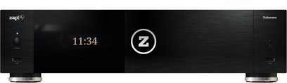 Zappiti Reference multimedie-afspiller, set forfra, hvid LED-skærm der viser "11:34" og "Z"-logo på sort front, to fødder
