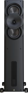 Black Perlisten A3t floorstanding speaker, front view, 2 drivers around a central horn, low grille, metal feet