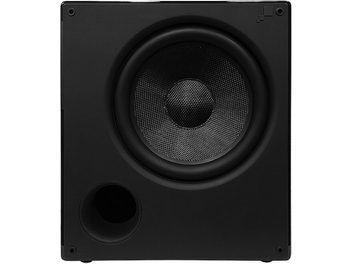 Önden görünüşlü siyah Sonance i8 subwoofer, ortada yuvarlak siyah ızgara, altta bass-refleks portu