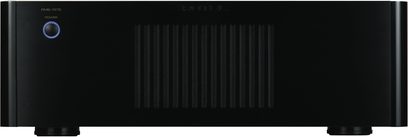 Rotel RMB-1575 sort effektforstærker, front, blå knapper og indikatorer, sort gitter, frontvisning