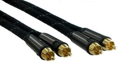 Fire forgyldte RCA-stik og to 2 meter lange, sorte, flettede lydkabler fra Connect Research RCA Stereo Original OCR4202