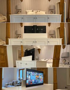 Support til vægmontering af TV Future Automation AL675 UDC1, set forfra og fra siden, sort skærm, hvidt møbel, grå lampe, beige puder