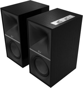 Paar vernetzte Lautsprecher Klipsch The Sevens, schwarz, rechteckig, strukturiertes Holz, schwarzes Gitter, Schrägansicht