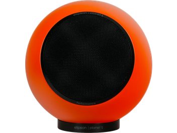Boxă de raft Elipson Planet L Performance portocaliu mat, format sferic cu grilă neagră în vedere frontală