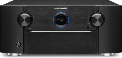 Ampli home-cinéma Marantz SR7015 noir, vue de face, façade noire avec écran bleu central, deux boutons rotatifs argentés