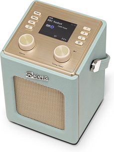 Ηχείο Roberts Mini 2 γαλάζιο, συνθετικό δέρμα, πλεκτή γρίλια, οθόνη και δύο περιστροφικοί διακόπτες, λήψη από ψηλά σε τριών τετάρτων