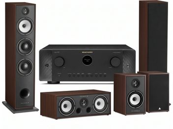 Sistema home theater 5.1 Triangle con amplificatore AV Marantz nero e diffusori con finitura in legno marrone