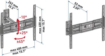 Teknisk diagram over en drejelig Meliconi CME ER400 vægbeslag til TV med dimensioner og rotations- og vippevinkler