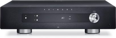 Ampli hi-fi stereo Primare I25, černý přední panel s tlačítky, ovládací kolečko hlasitosti, displej, výstup pro sluchátka, pohled zepředu