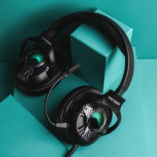 Ακουστικά hi-fi Meters Level Up μαύρο carbon με μικρόφωνο σε βραχίονα και τιρκουάζ καντράν στα ακουστικά-earcups