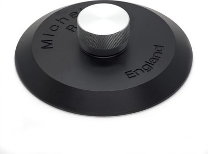 Clește de prindere pentru discuri Michell Engineering Record Clamp, standard din metal, bază neagră gravată, buton zimțat argintiu, vedere oblică