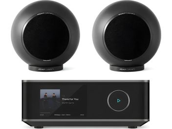 Fekete Elipson Planet L hangsugárzó-pár fekete kijelzős és tekerőgombos audioerősítővel, szemből nézve