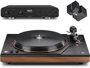 Sort og brun pladespiller med tonearm, sort SPL Phonos-forforstærker og pickup i nærbillede