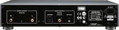 Onkyo C-7000R sort CD-afspiller, frontvisning, med analoge og digitale lydudgange, AC-indgang, LED-display