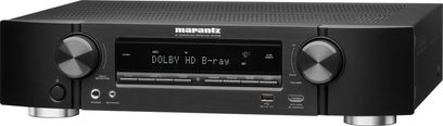 Marantz NR1508 schwarzer Heimkino-Verstärker, Frontansicht, Display "Dolby HD B-ray", Bedienknöpfe und -regler, zwei Kopfhörerbuchsen vorne